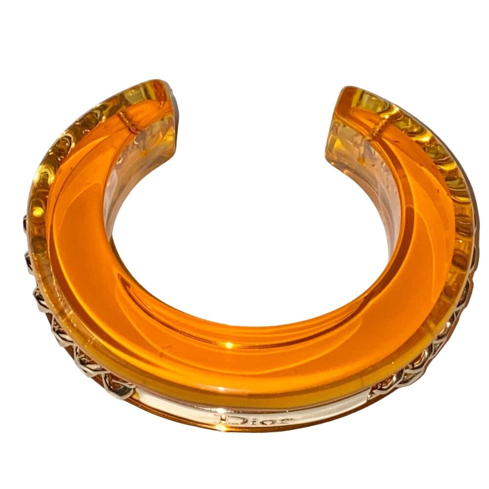 AUTH VTG Christian Dior Orange Lucite Gold Chain Nameplate Logo Cuff Bracelet - Picture 7 of 15